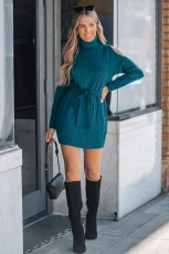 Blue Cable Knit Cutout Shoulder Jumper Dress