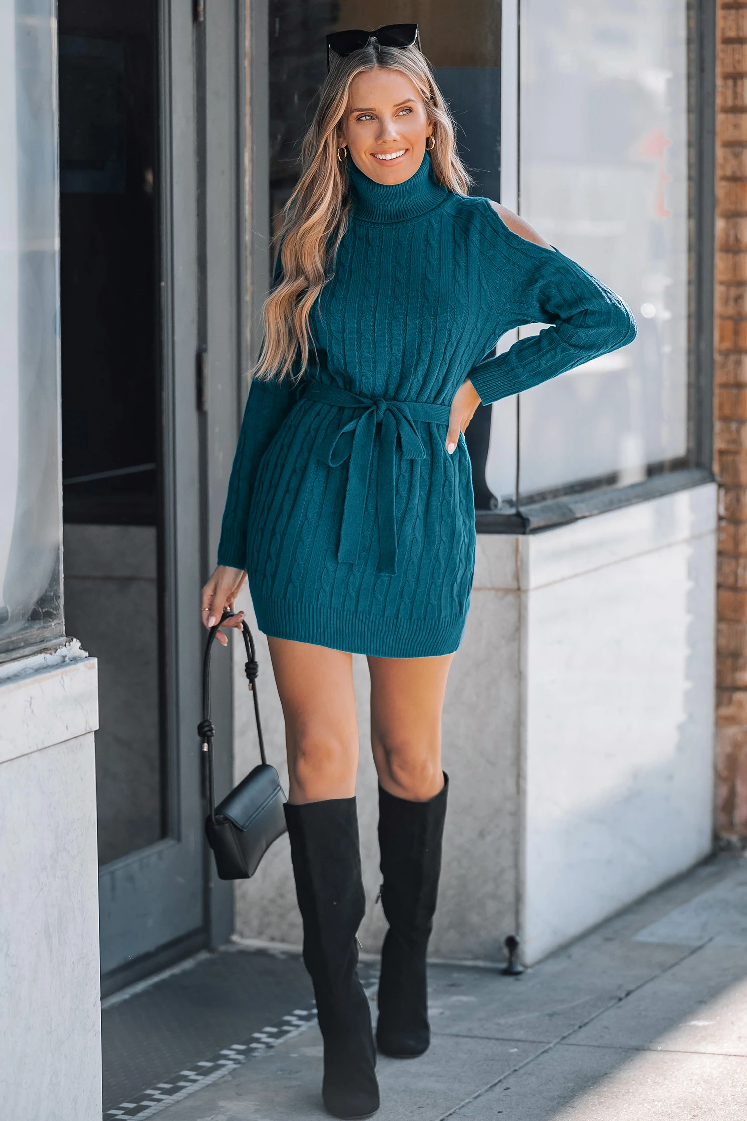 Blue Cable Knit Cutout Shoulder Jumper Dress