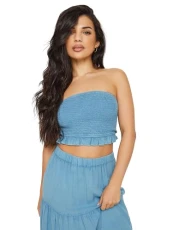 Blue Chambray Shirred Bandeau Top Petite Blue Chambray Shirred Bandeau Top Petite
