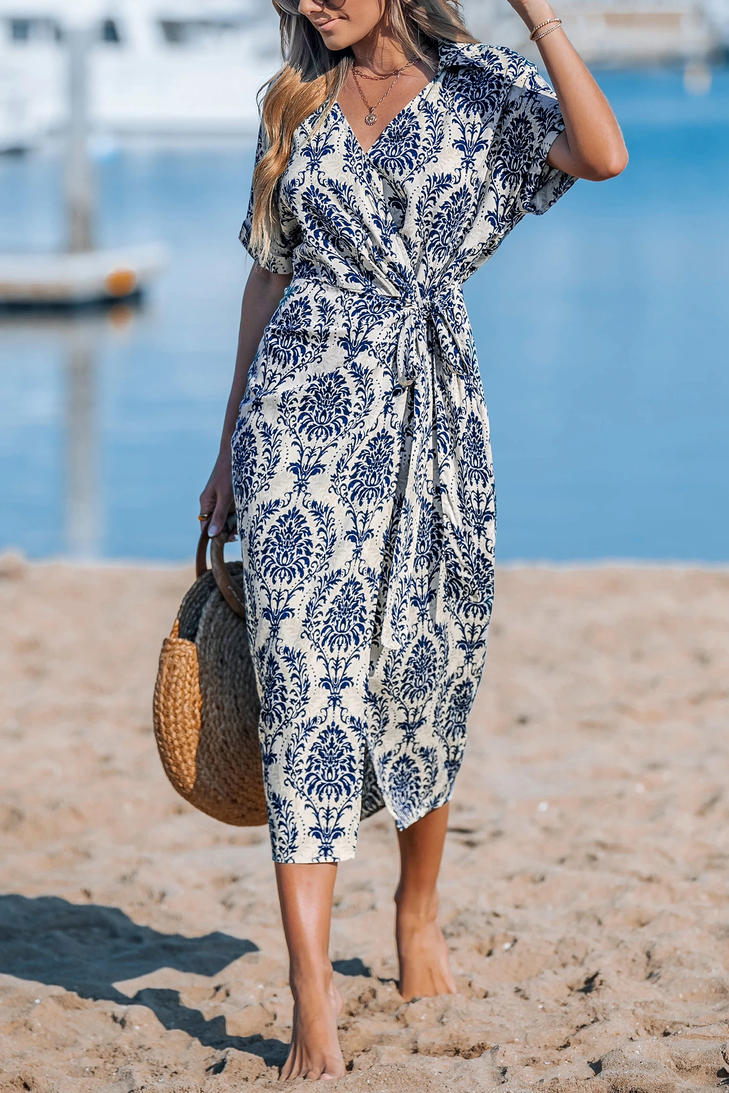 Blue Collared Wrap Midi Dress