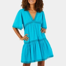 Blue Cotton V Neck Mini Dress