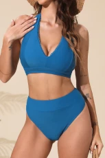 Blue D/DD+ Halterneck Bikini Top & High-Waisted Bottoms Set - Teal