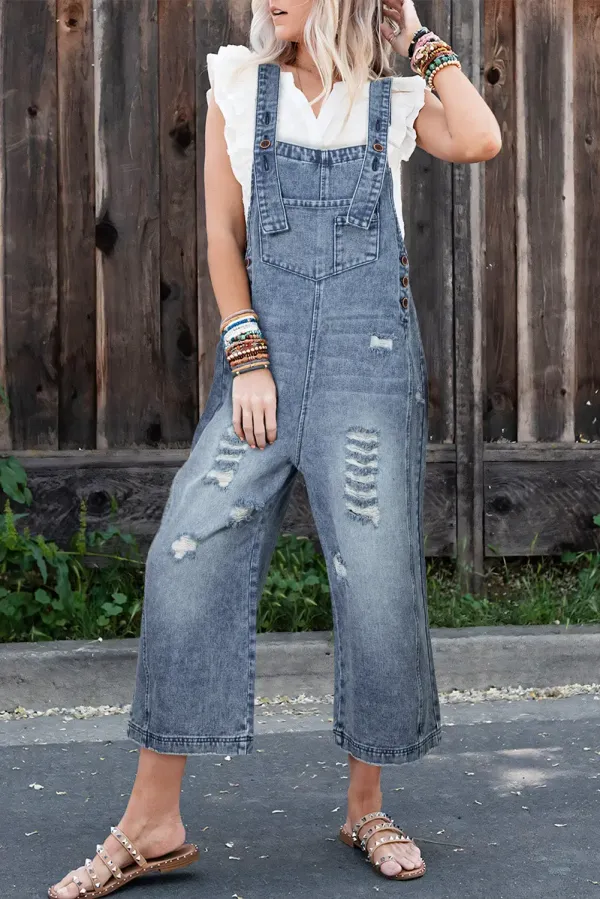 Blue Distressed Bib Pocket Wide Leg Denim Overall - Stone Blue / L