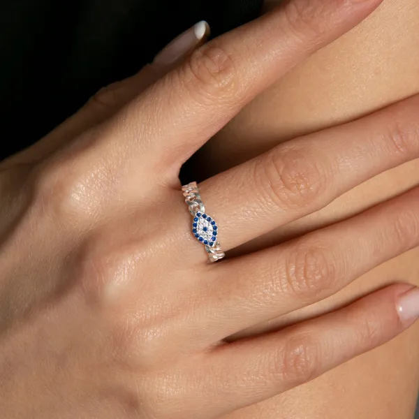 Blue Evil Eye Sterling Silver Ring