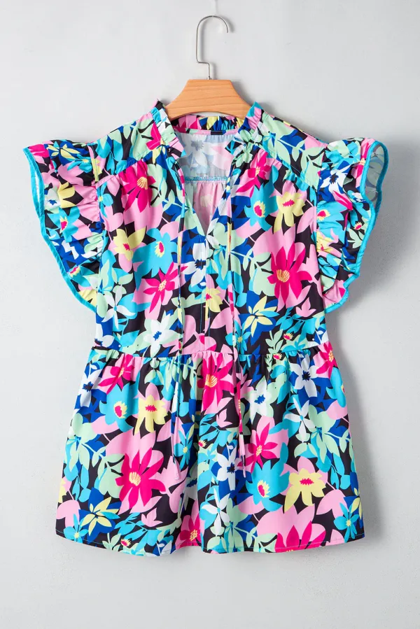 Blue Floral Flutter Sleeve Tied Notched Neck Plus Size Blouse - Blue / 2X / 100%Polyester
