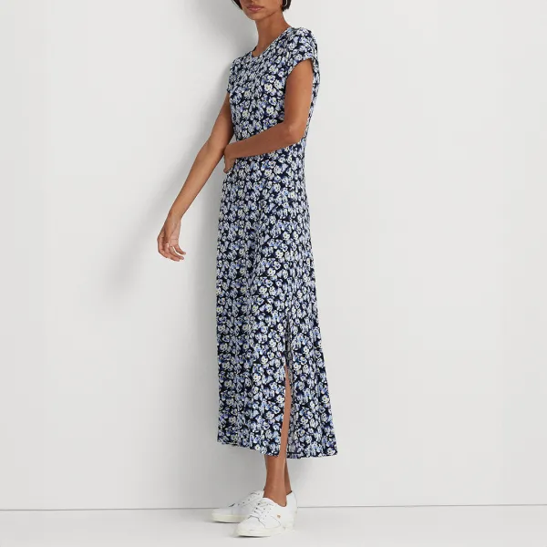 Blue Floral Print Midi Dress - Blue