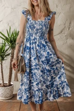 Blue Floral Ruffle Strap Square Neck Smocked Bodice Midi Dress - Blue / / 100%Viscose
