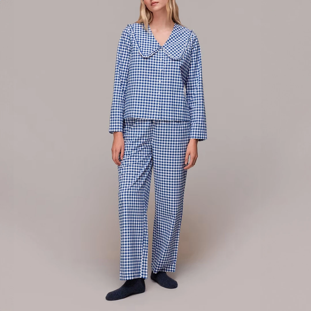 Blue Gingham Collar Cotton Pyjamas