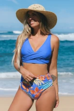 Blue Lace-Up Back Bikini Top & Retro Tropical High Waisted Bottoms Set - Periwinkle
