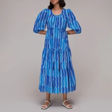 Blue Leaf Print Tiered Midi Dress - Multi