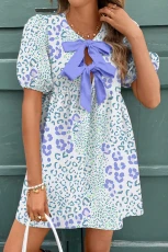 Blue Leopard Contrast Bow Puff Sleeve Mini Dress ky Blue / / 100%Polyester