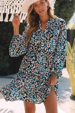 Blue Leopard Print Bubble Sleeve Ruffled Shirt Dress - BLUE / / POLYESTER