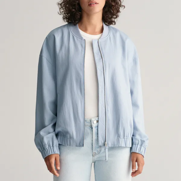 Blue Linen Blend Bomber Jacket