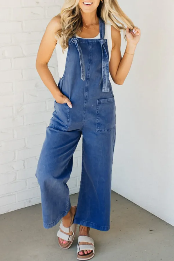 Blue Mineral Wash Knot Strap Patched Pocket Wide Leg Denim Overalls Dungarees - PRUSSIAN BLUE / - PRUSSIAN BLUE