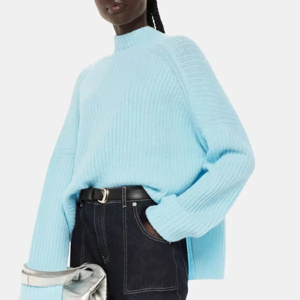 Blue Ribbed Funnel Neck Wool Blend Jumper - Blue