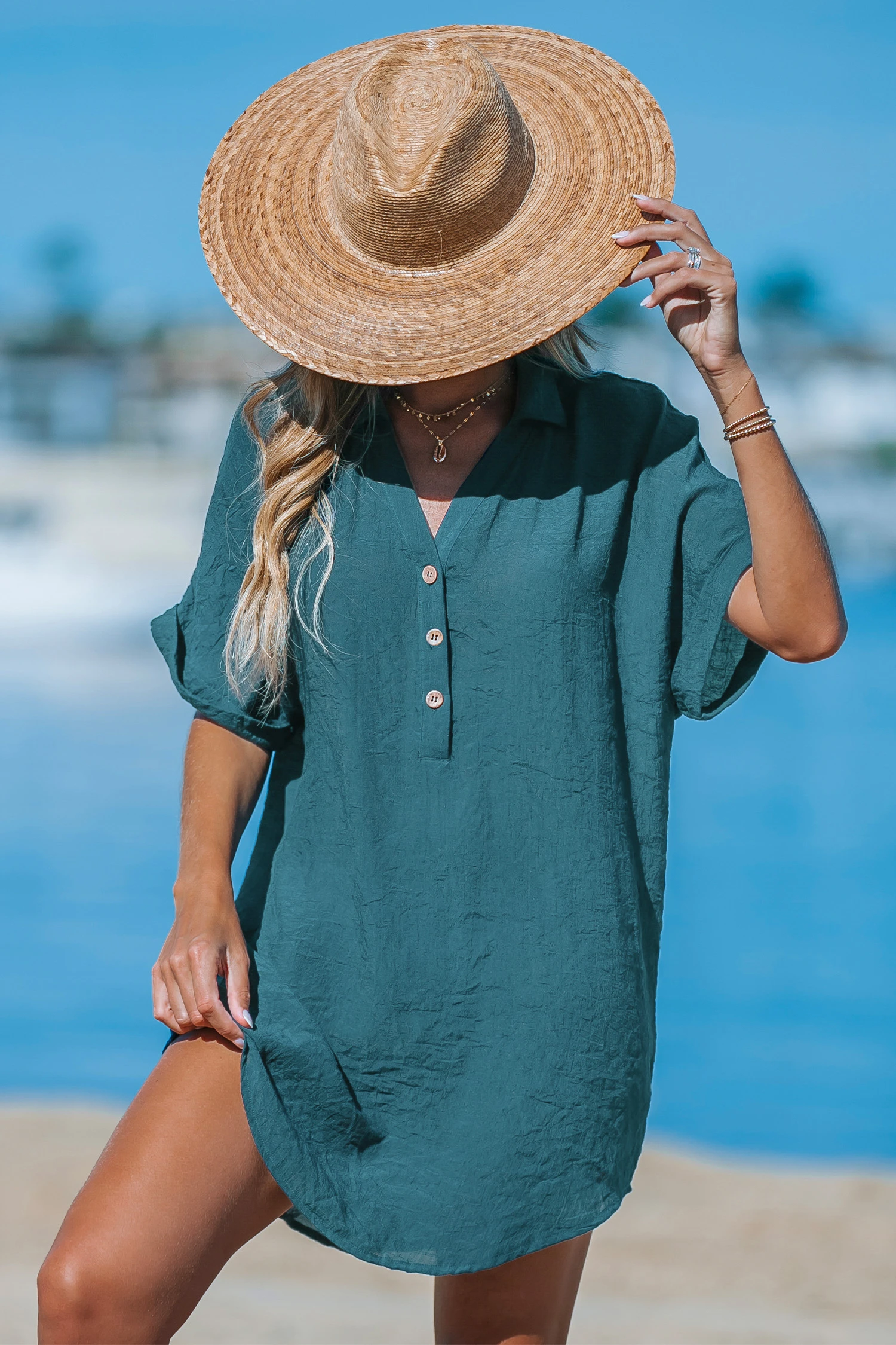 Blue Short Sleeve Cover-Up Mini Dress