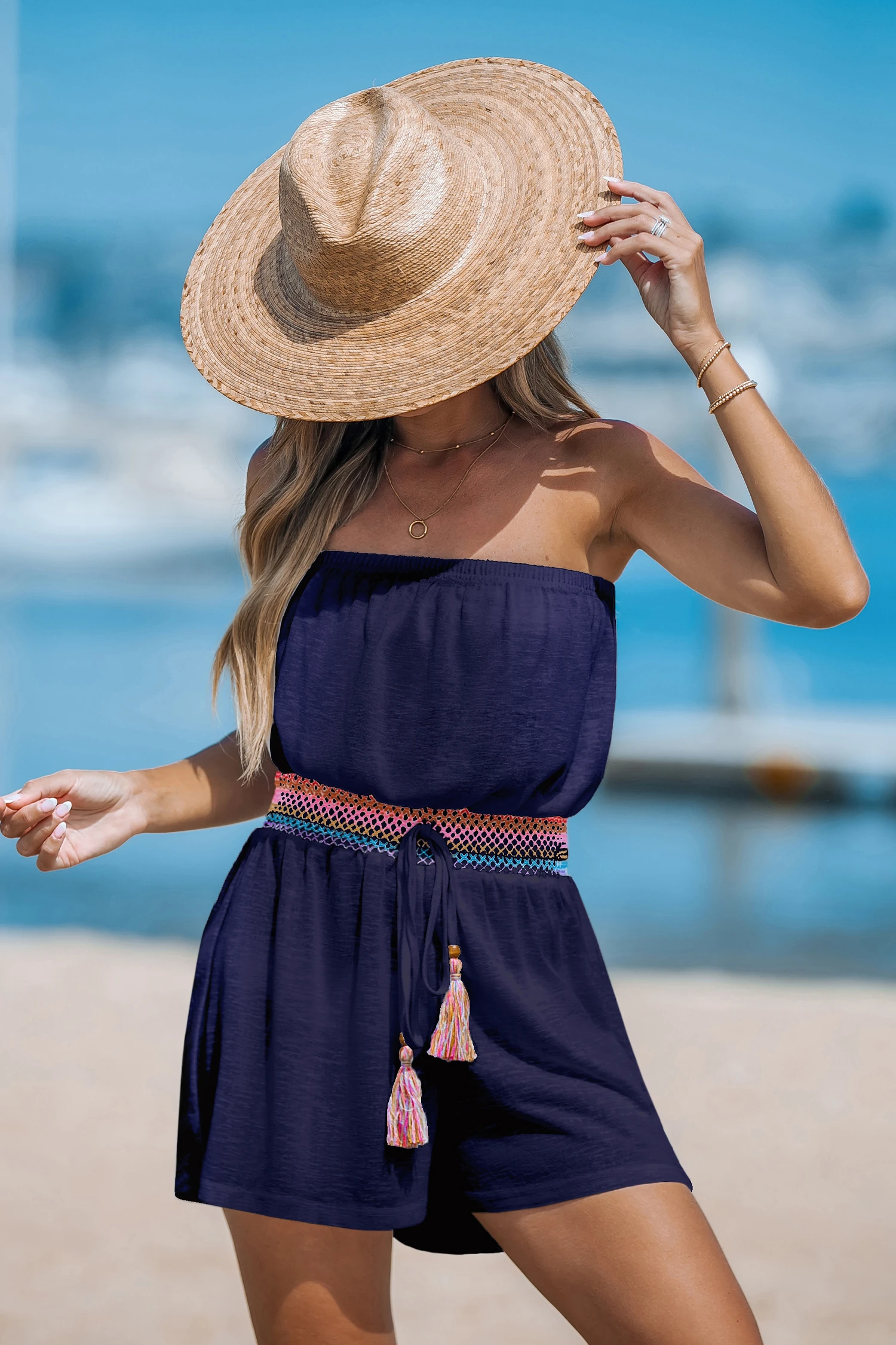 Blue Strapless Smocked Cover-Up Playsuit