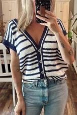 Blue Stripe Loose Buttoned V Neck Sweater Vest - Blue Stripe / / 100%Acrylic
