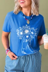 Blue Sunflower Boots Graphic Western Fashion T Shirt - Blue / / 95%Cotton+%Elastane