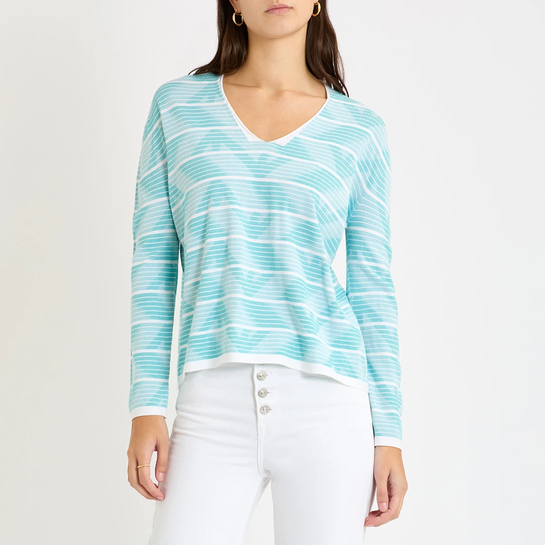Blue V-Neck Stripe Jumper - White