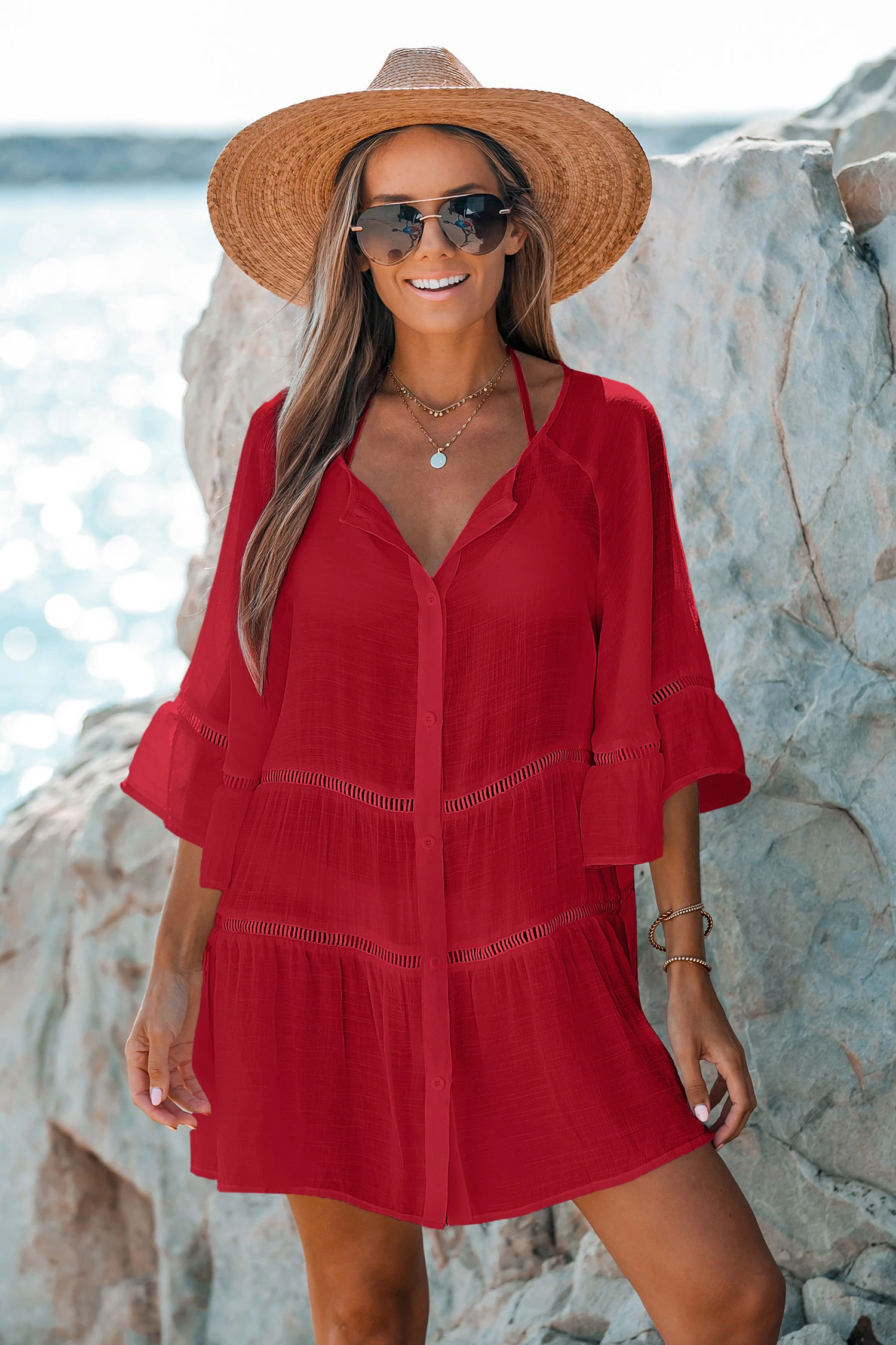 Blush Veil Red Cover-Up Mini Dress