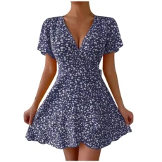 Boho Dresses for Women UK Clearance Ladies Floral Summer Dresses Short Sleeve V-Neck Wrap Dresses Waist Tie Ruffle Mini Swing Dresses Sexy Going Out Dress Beach Dresses