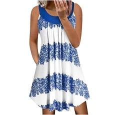 Boho Dresses for Women UK Summer 2024 Retro Print Vacation Beach Cami Dresses Plus Size Sleeveless Crew Neck Pocket Casual Midi Holiday Dresses prime deals of The day Blue