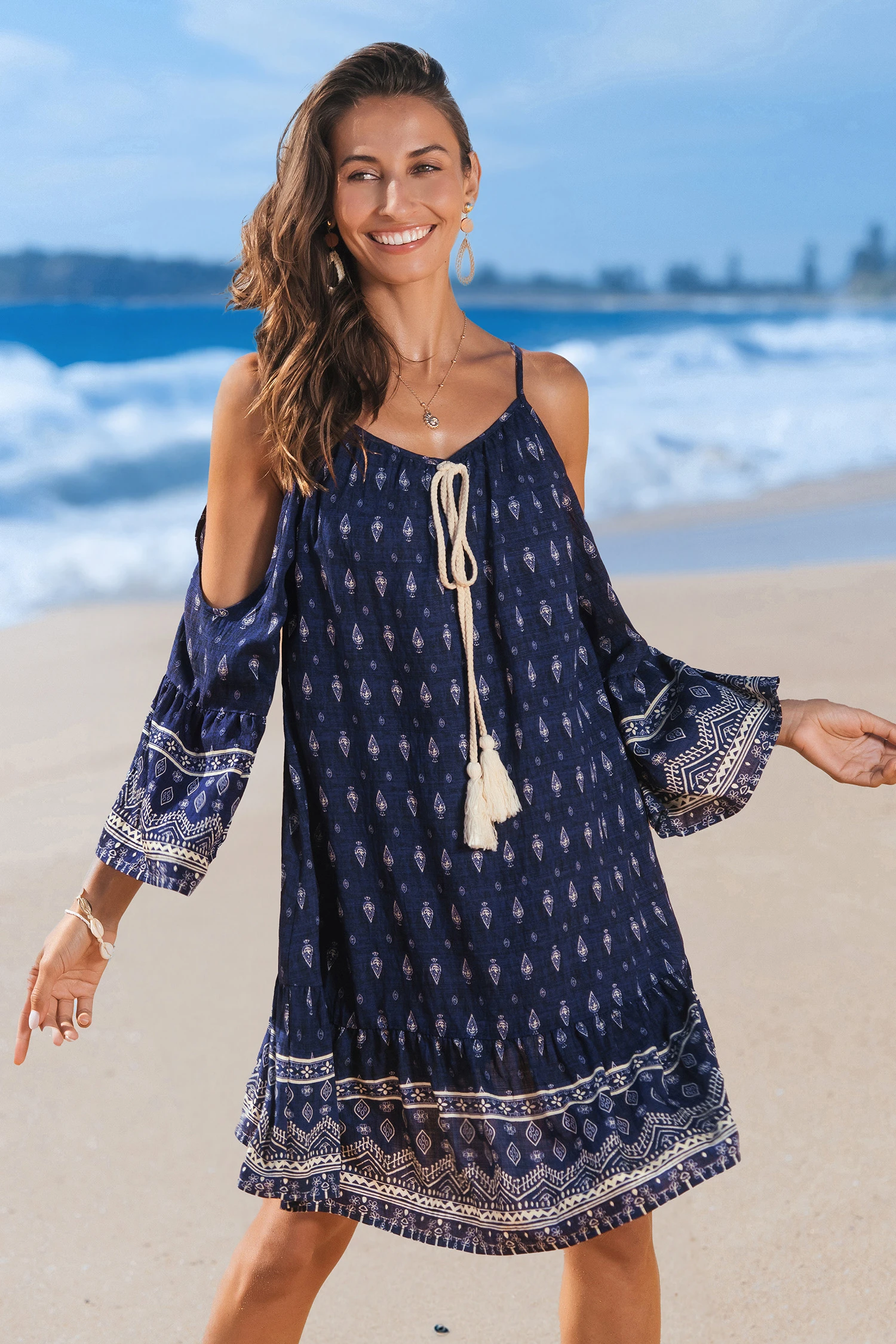 Boho Floral Cold Shoulder Midi Dress - Blue