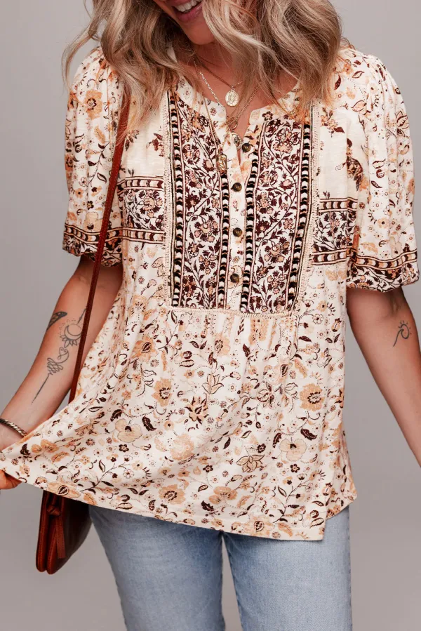 Boho Floral Print Half Placket Short Sleeve Loose Blouse - Khaki / / 95%Polyester+%Elastane - Khaki
