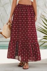Boho Florals Ruffled Hem Maxi Skirt - Red Elastic 2
