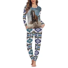 Boho Horse Pyjamas for Women Long Sleeve Lounge Outfits With Pockets Womens Pyjama Sets Soft Sleepwear Loungewear Tribal Navajo Nightwear Ladies Pjs Sets Medium Nightwear