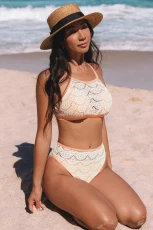 Boho Layered High Neck Bikini Top & High-Rise Bottoms Set - Beige