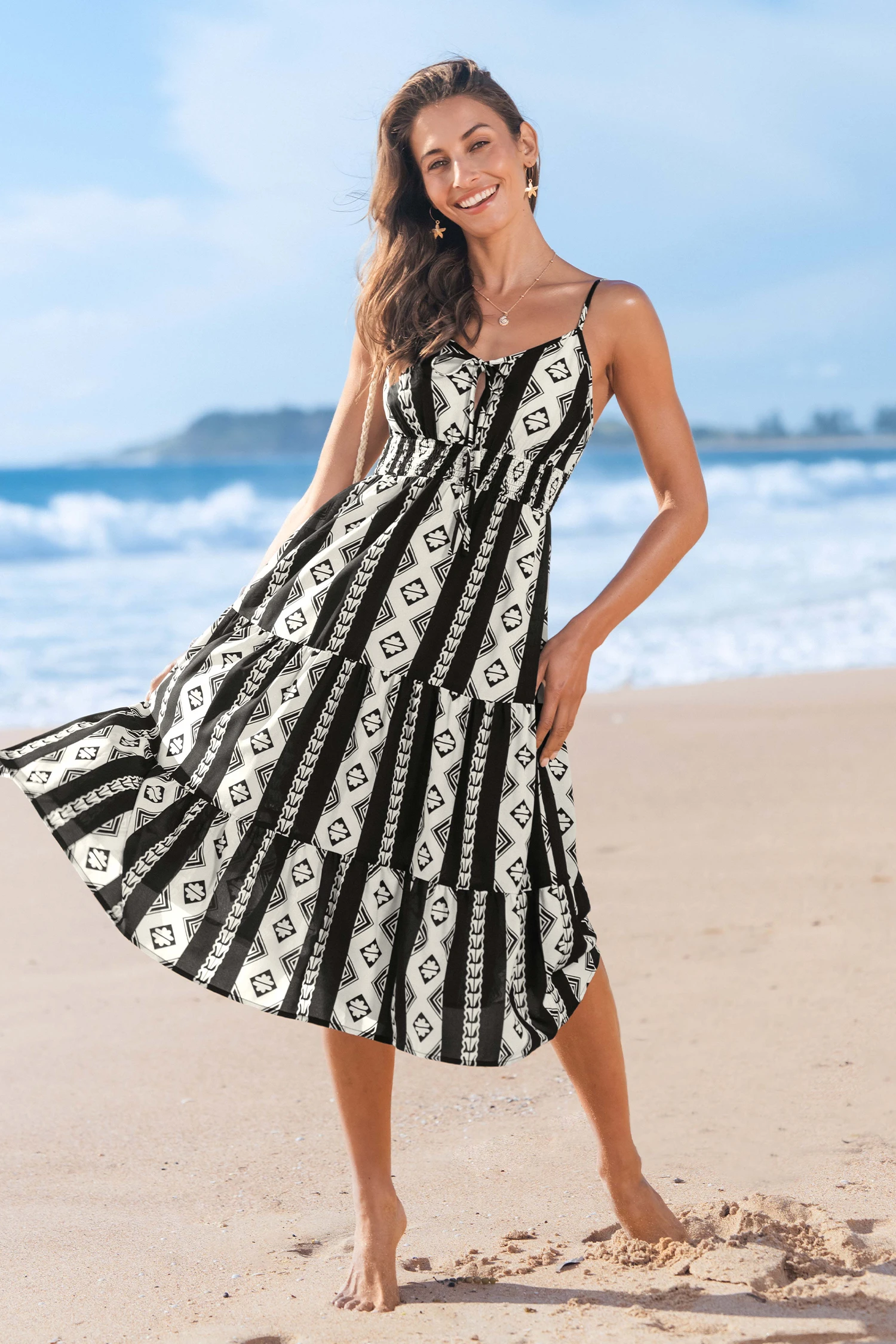 Boho Nights Geo Midi Dress - Black