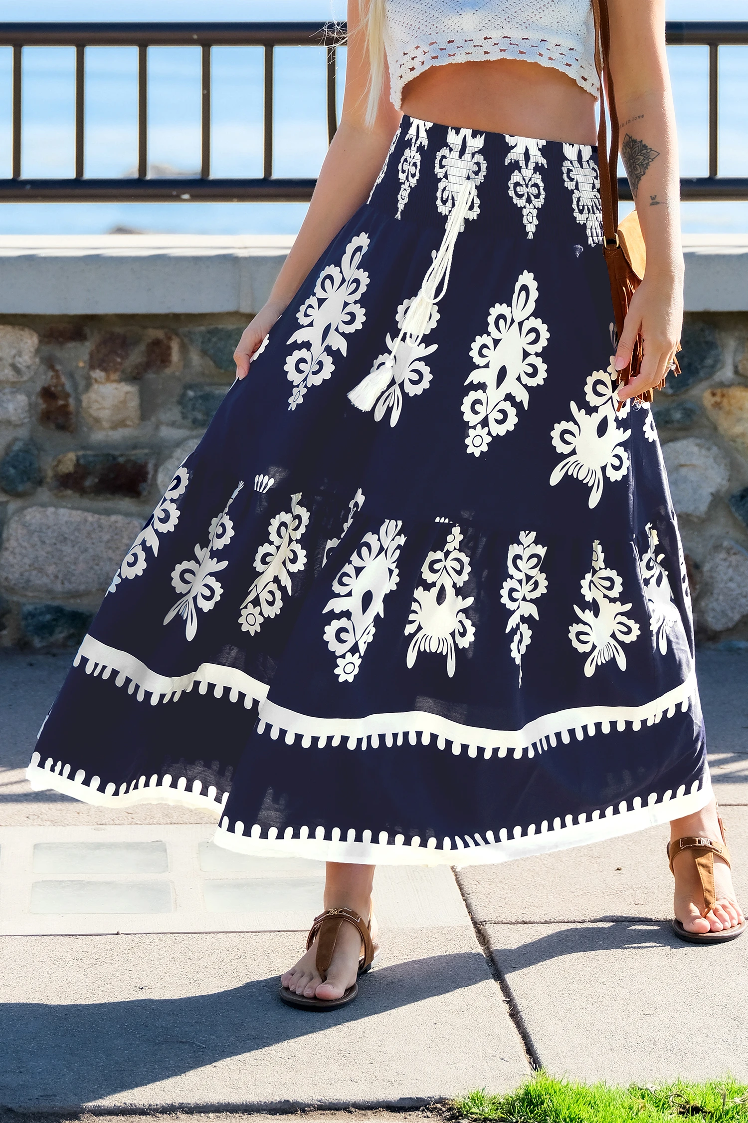 Boho Ornate Front-Tie Maxi Skirt - Blue