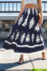 Boho Ornate Front-Tie Maxi Skirt - Blue Blue 2