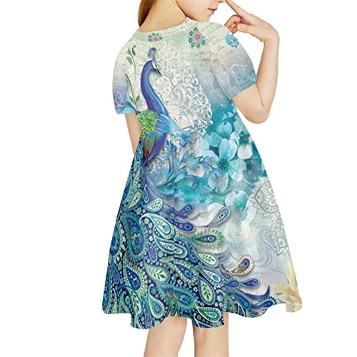 Boho Peacock Dresses for Girls 8 Years Summer Dresses Aqua Short Sleeve Shirts Tops Sundress Daily Dress Skirts Midi Dress Flare Dress A-Line Swing Twirly Dresses