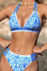 Boho Shell Stitch Halter Bikini Top & Cheeky Bottoms Set - Cobalt