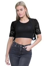Bolero Shrug for Women - Elegant Short Cap Sleeve Knitted Shrug, Open Crochet Cardigans for Women Perfect for Layering Over Tops & Dresses Black