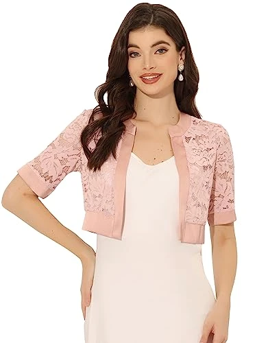 Bolero Shrug for Women's Satin Panel Short Sleeve Lace Cardigan Pink S