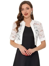 Bolero Shrug for Women's Satin Panel Short Sleeve Lace Cardigan White L