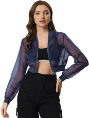 Bomber Jacket for Women's Long Sleeve Crop Mesh Sheer Jackets Blue S