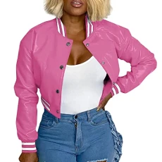 Bomber Jacket Womens Swing Coat s for Her Fashion Women Autumn Casual Patchwork Stand Collar Button Long Sleeve Elastic Leather Pocket Coat Baseball Jackets Outlet Clearance Uk