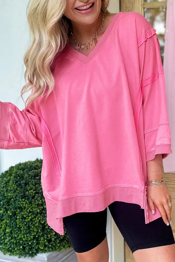 Bonbon Bracelet Sleeve Mineral Washed V Neck T Shirt - BONBON / / 75%POLYESTER+%COTTON+%ELASTANE - BONBON