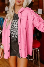 Bonbon Pearl Beaded Raw Hem Button Up Denim Jacket - BONBON / / 100%COTTON