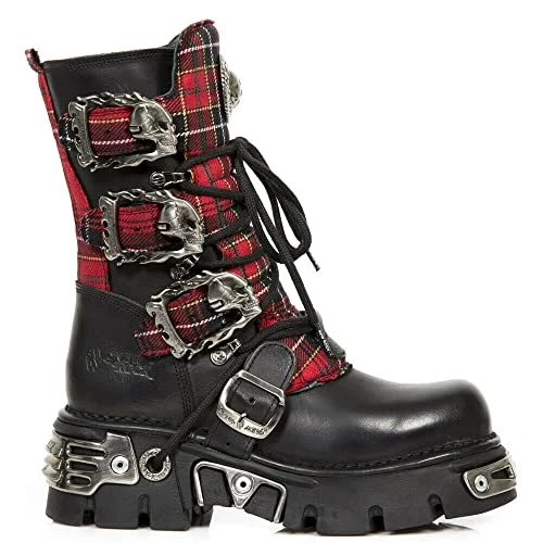 Boots 391T-S1 Unisex Tartan Metallic Black Leather Platform Goth Boot 6