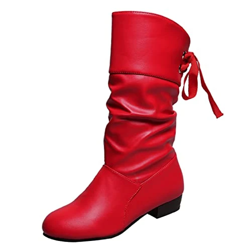 Boots for Women Fashion Bow Tie Thick Heel Boots Casual Synthetic Leather Wedge Mid-Calf Boots Comfo