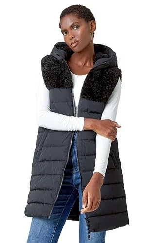 Borg Detail Longline Hooded Padded Gilet for Women UK - Ladies Everyday Autumn Winter Comfy Soft Eve