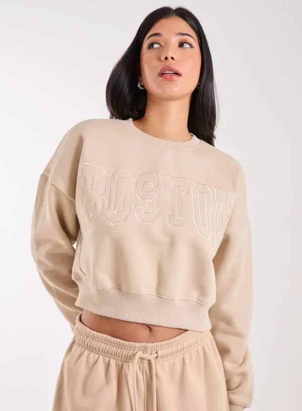 Boston Silk Detail Crop Sweater - M - STONE