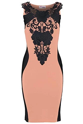 Boutique Ladies Crochet Neck Slimming Effect Panel Bodycon Midi Knee Length Dress [Nude, UK 10]