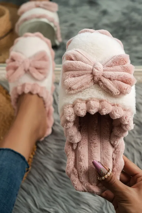 Bow Decor Plush Slippers - Fushia / 41